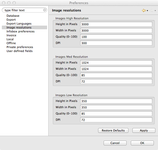 Image Resolution Preferences